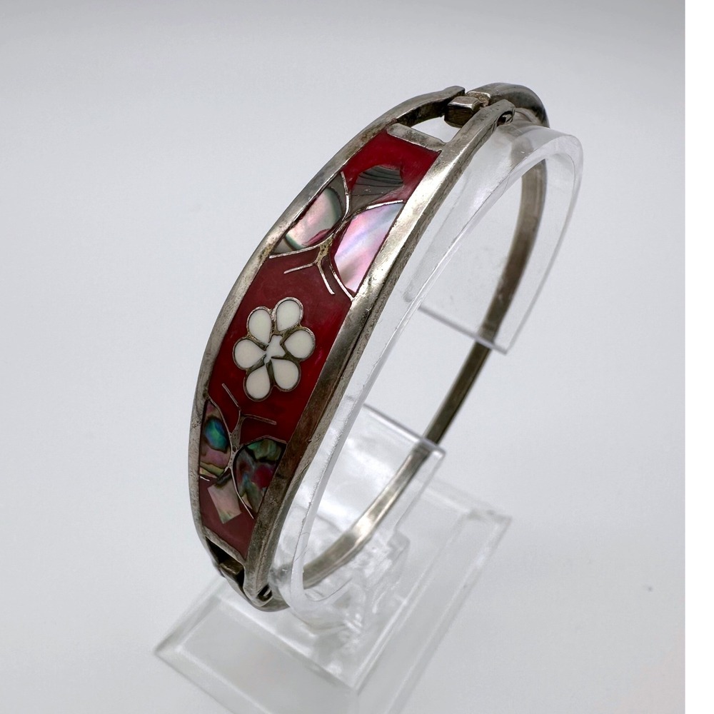 Vintage Womens Hinged Bangle Bracelet Red Enamel Abalone Shell Floral Butterfly